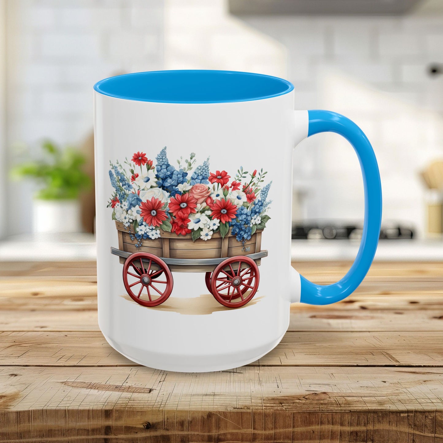 15oz ceramic mug with light blue handle/interior, featuring a vintage wagon with red, white, and blue florals.