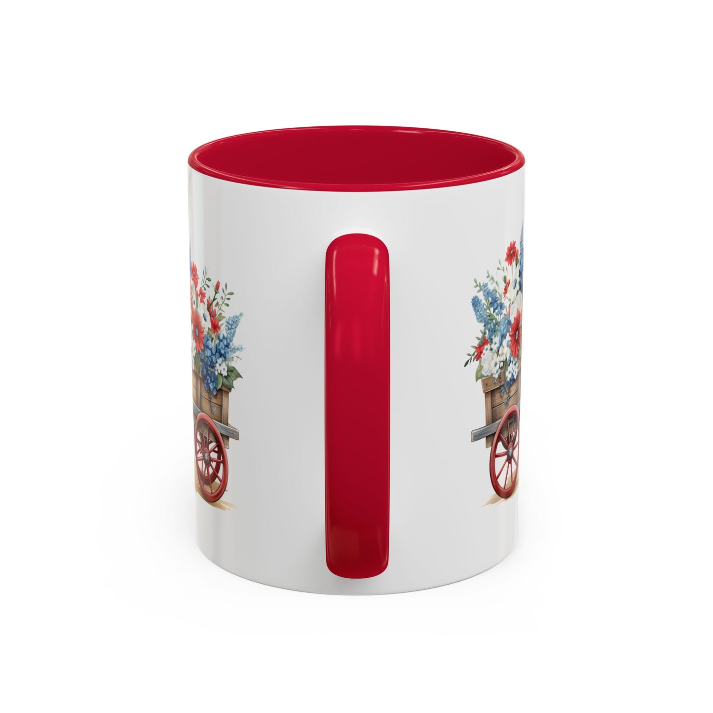 White ceramic mug with red handle and interior, featuring a vintage wagon with patriotic red, white, and blue florals.