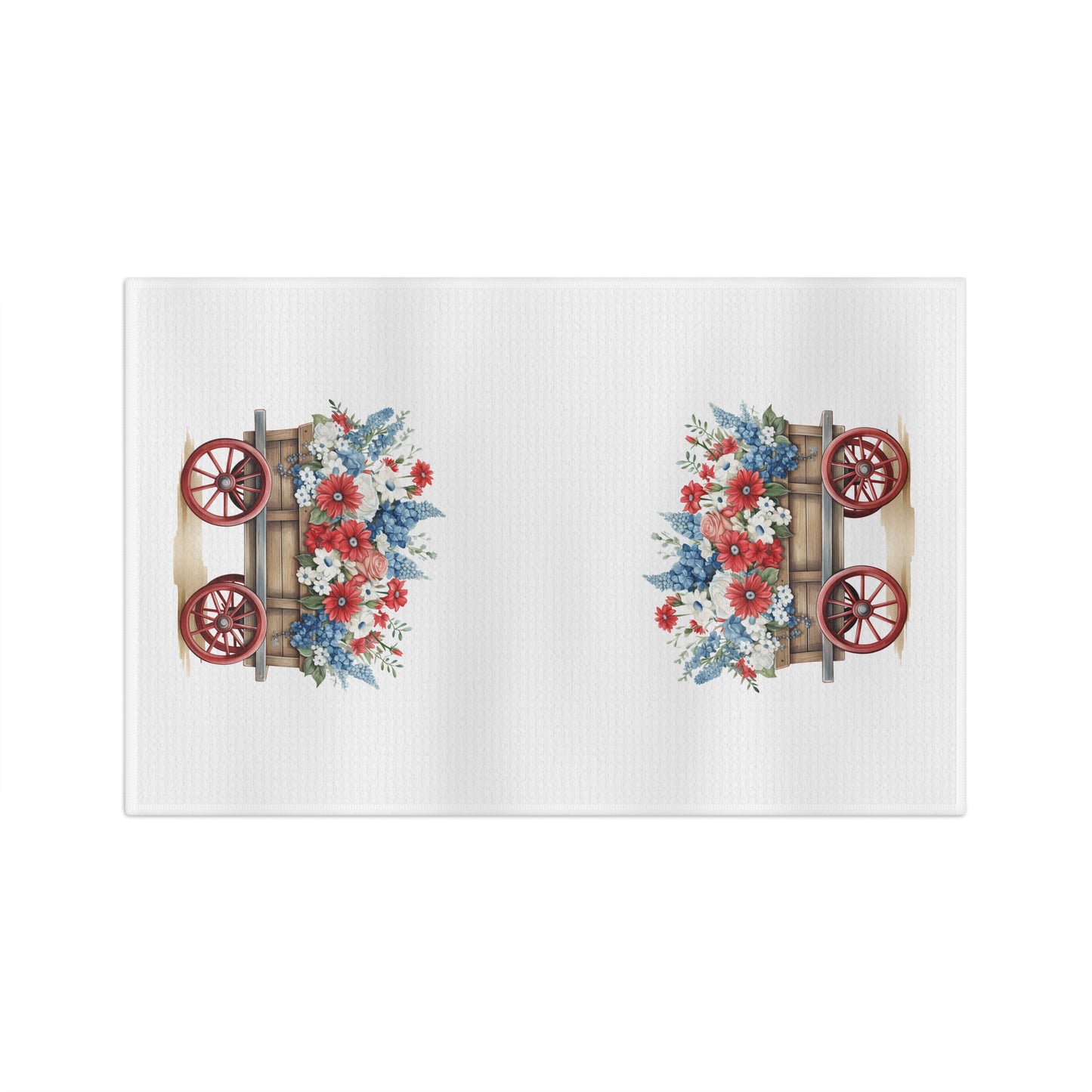 Microfiber tea towel with a vintage-inspired American flag and floral gardening wagon design.