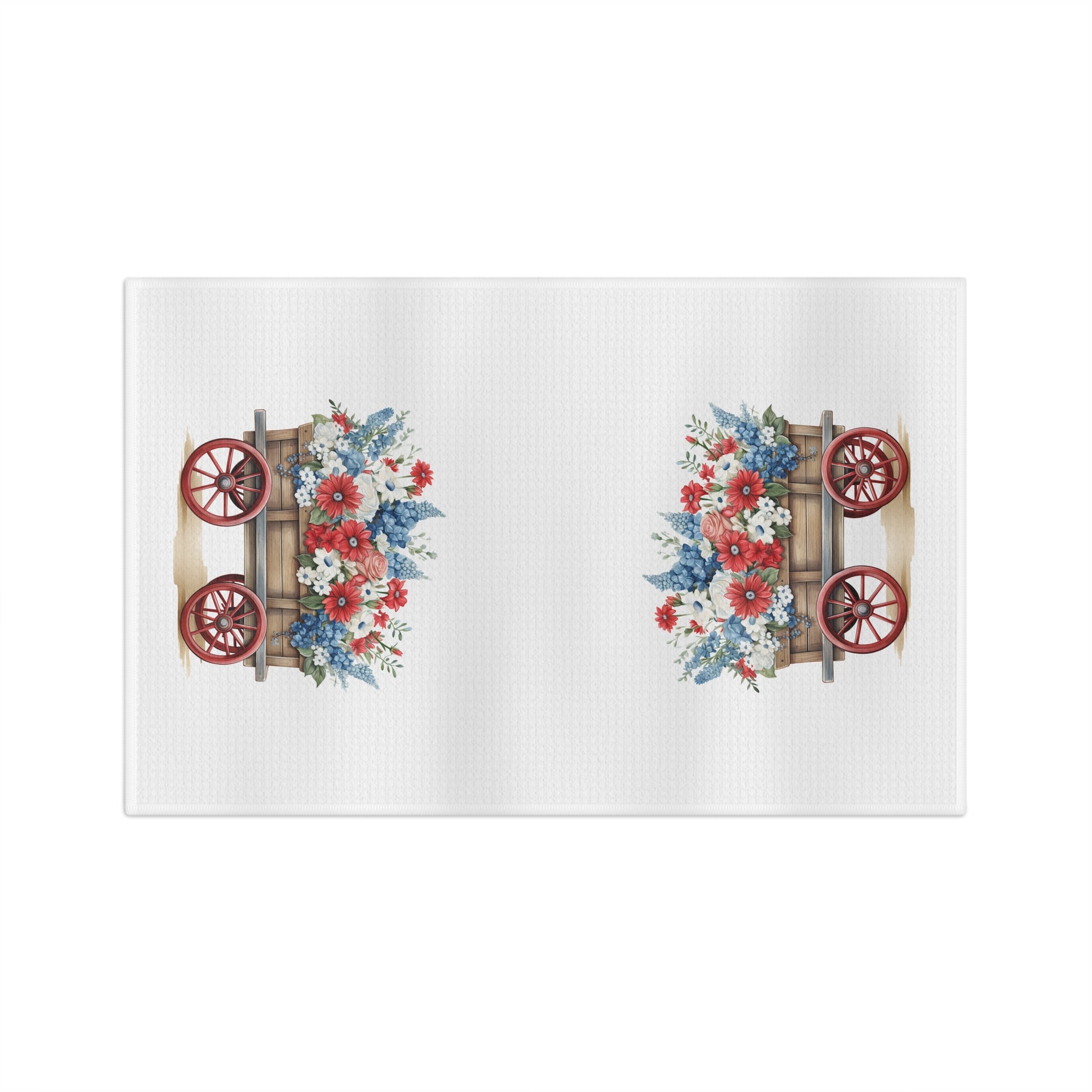 Microfiber tea towel with a vintage-inspired American flag and floral gardening wagon design.