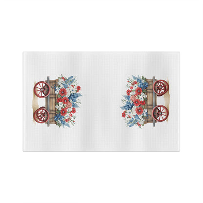 Microfiber tea towel with a vintage-inspired American flag and floral gardening wagon design.