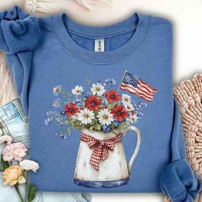 Patriotic Floral Pitcher with American Flag Sweatshirt