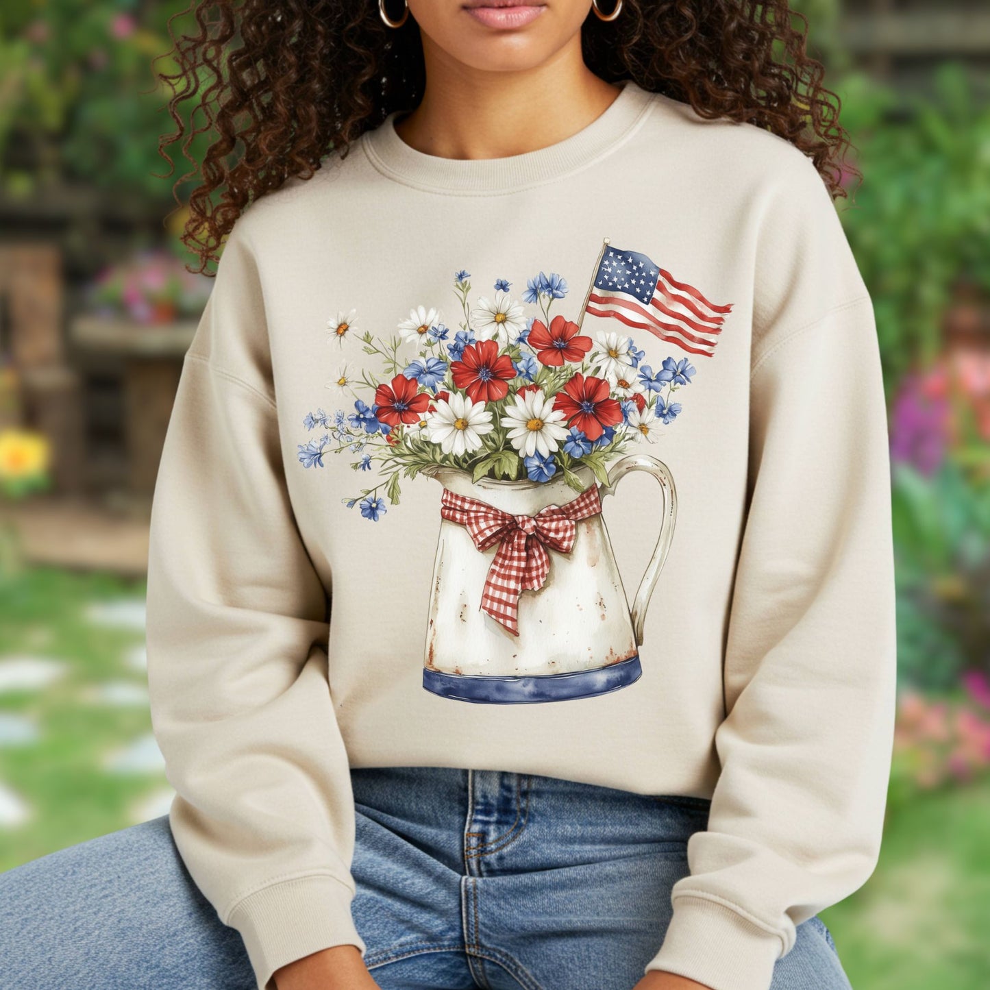 Patriotic Floral Pitcher with American Flag Sweatshirt