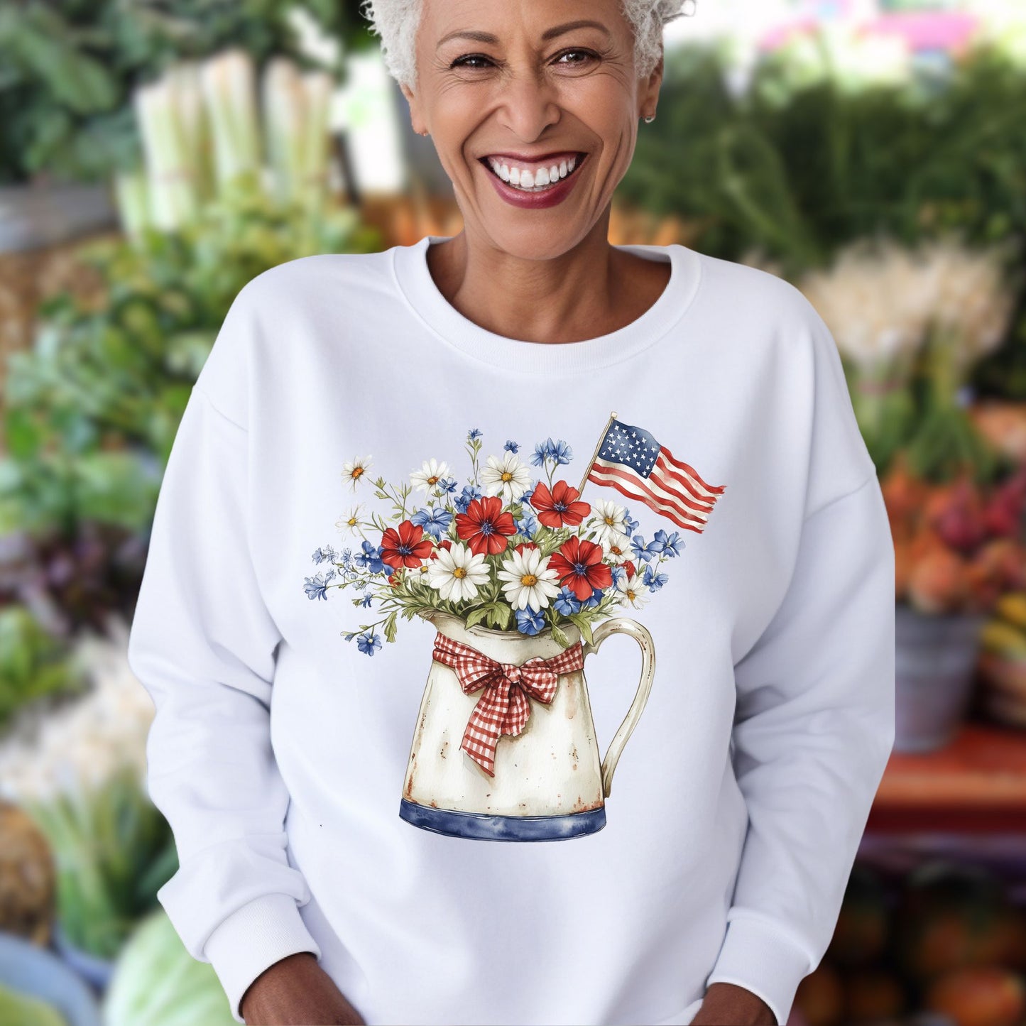 Patriotic Floral Pitcher with American Flag Sweatshirt