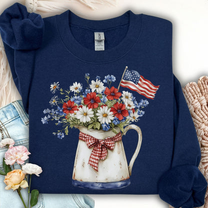 Patriotic Floral Pitcher with American Flag Sweatshirt