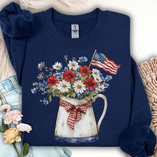 Patriotic Floral Pitcher with American Flag Sweatshirt
