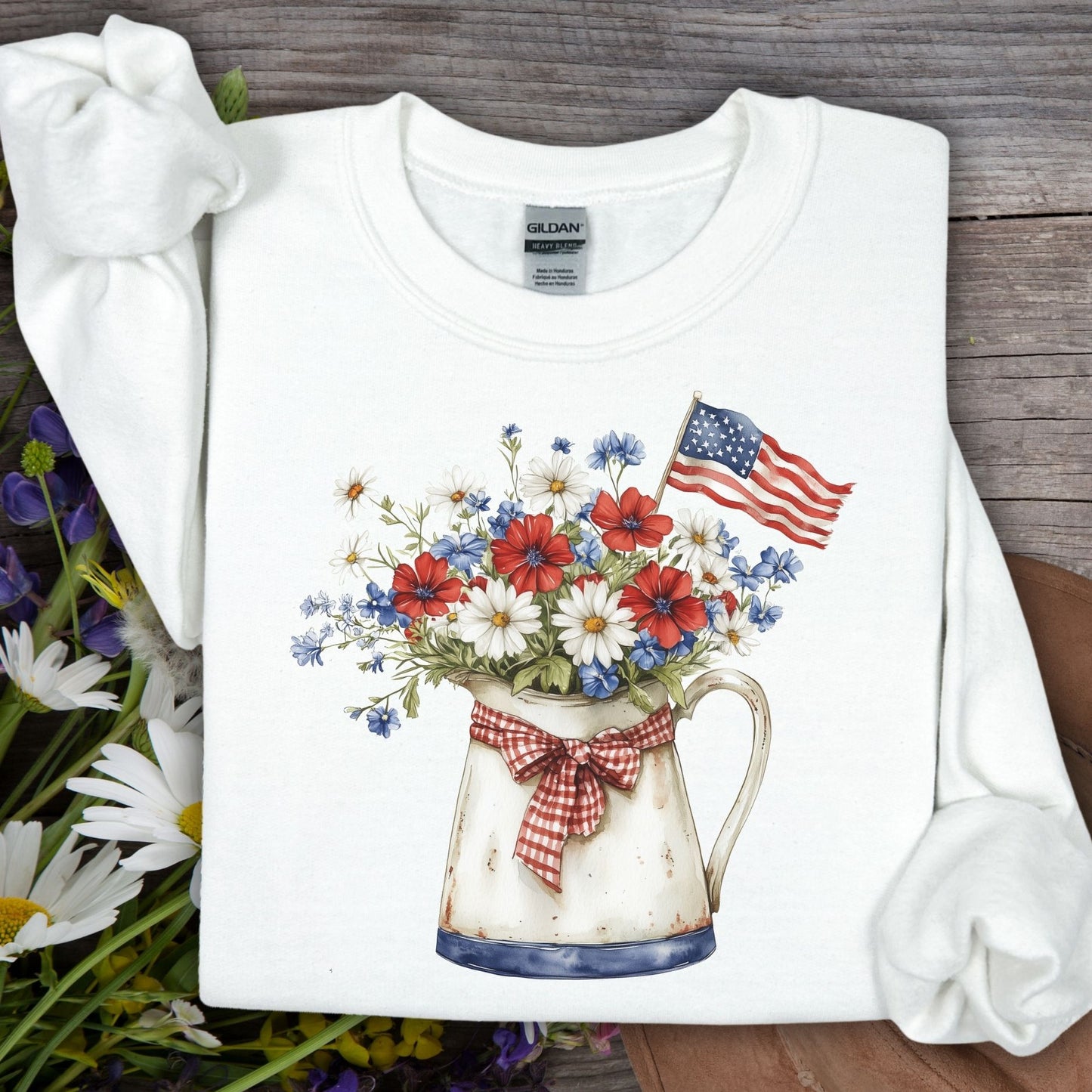 Patriotic Floral Pitcher with American Flag Sweatshirt