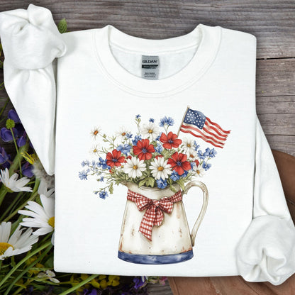 Patriotic Floral Pitcher with American Flag Sweatshirt