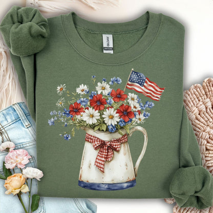 Patriotic Floral Pitcher with American Flag Sweatshirt