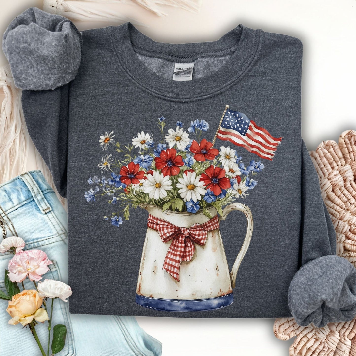 Patriotic Floral Pitcher with American Flag Sweatshirt