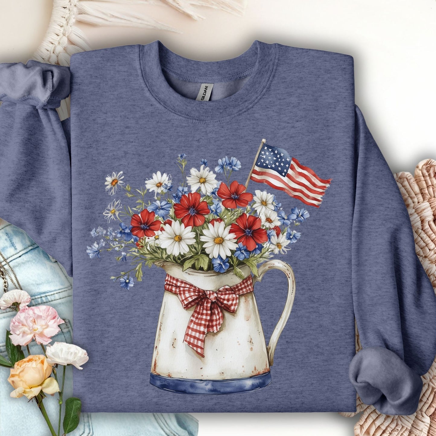 Patriotic Floral Pitcher with American Flag Sweatshirt