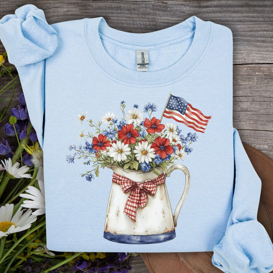 Patriotic Floral Pitcher with American Flag Sweatshirt
