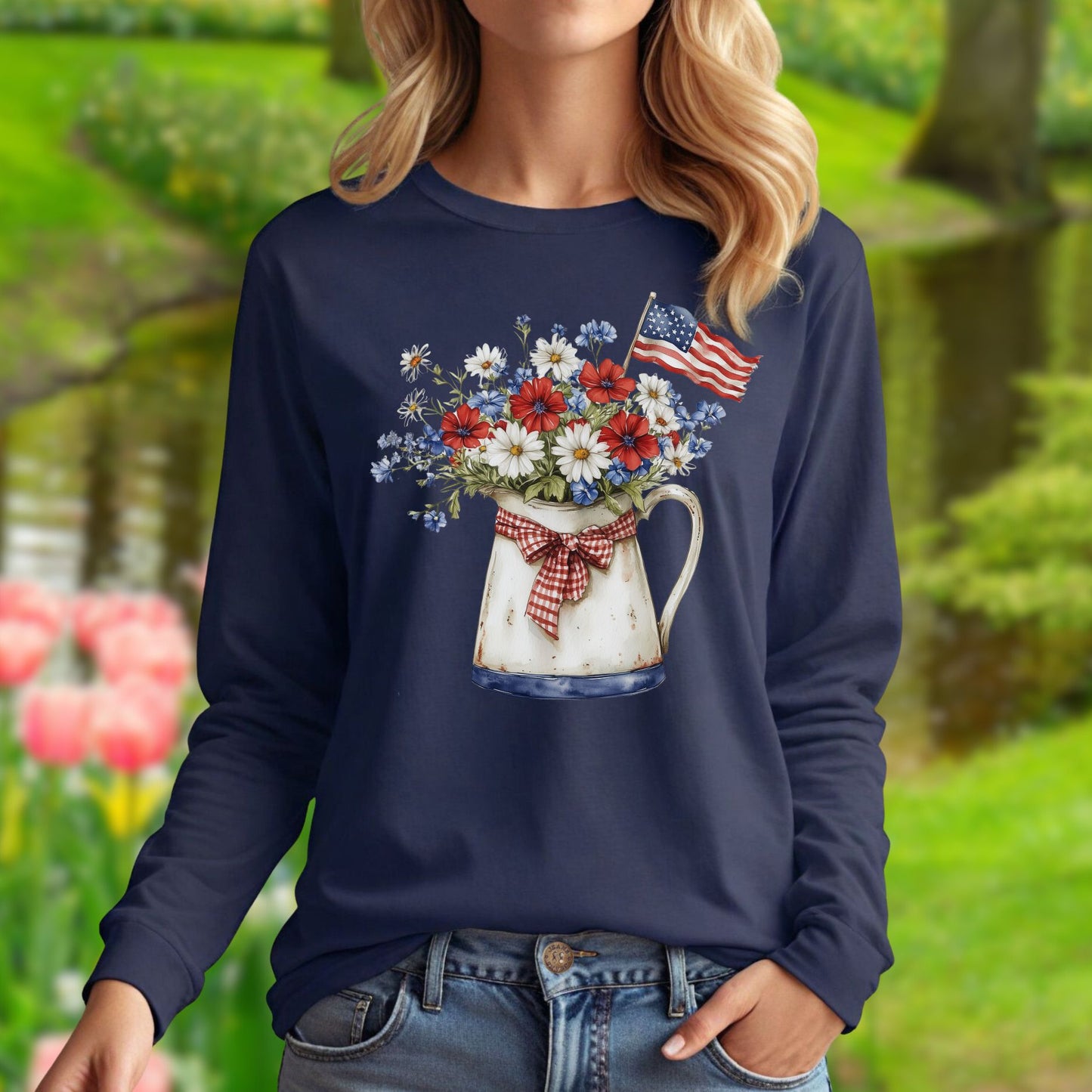 Patriotic Floral Pitcher with Flag Long Sleeve Tee