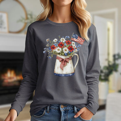 Patriotic Floral Pitcher with Flag Long Sleeve Tee