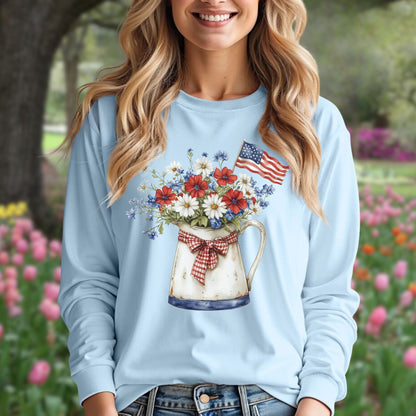 Patriotic Floral Pitcher with Flag Long Sleeve Tee