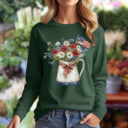 Patriotic Floral Pitcher with Flag Long Sleeve Tee