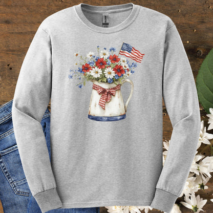 Patriotic Floral Pitcher with Flag Long Sleeve Tee