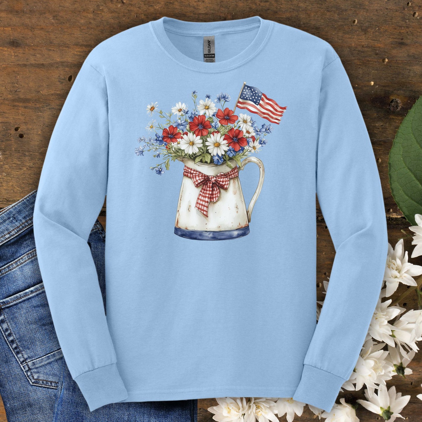 Patriotic Floral Pitcher with Flag Long Sleeve Tee