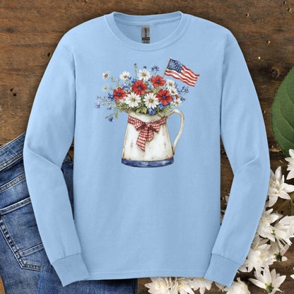 Patriotic Floral Pitcher with Flag Long Sleeve Tee