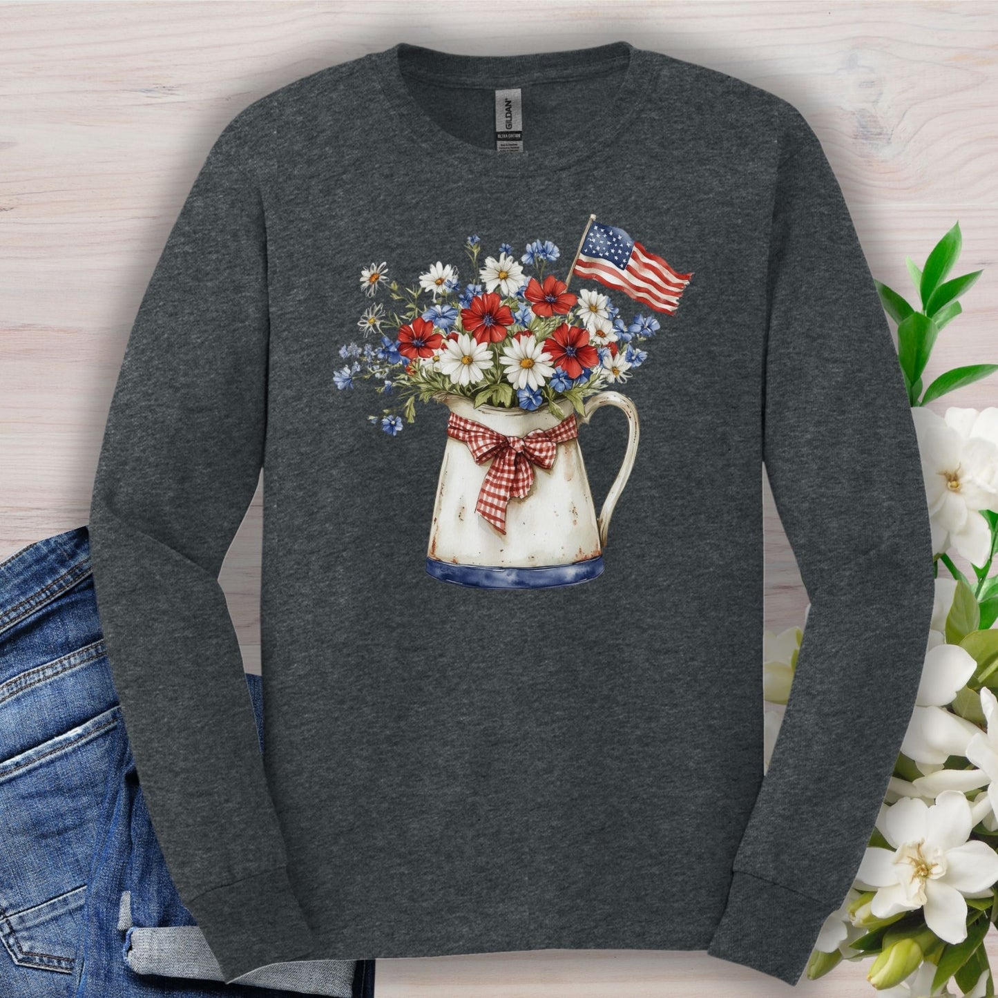 Patriotic Floral Pitcher with Flag Long Sleeve Tee