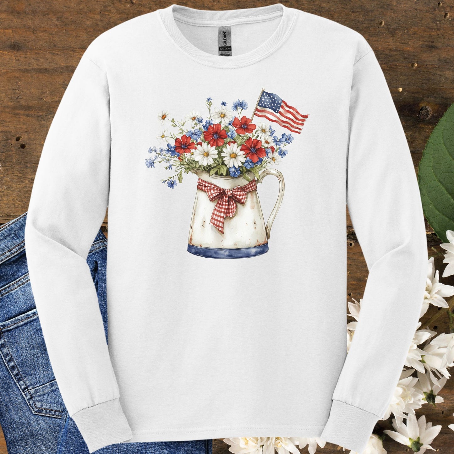 Patriotic Floral Pitcher with Flag Long Sleeve Tee