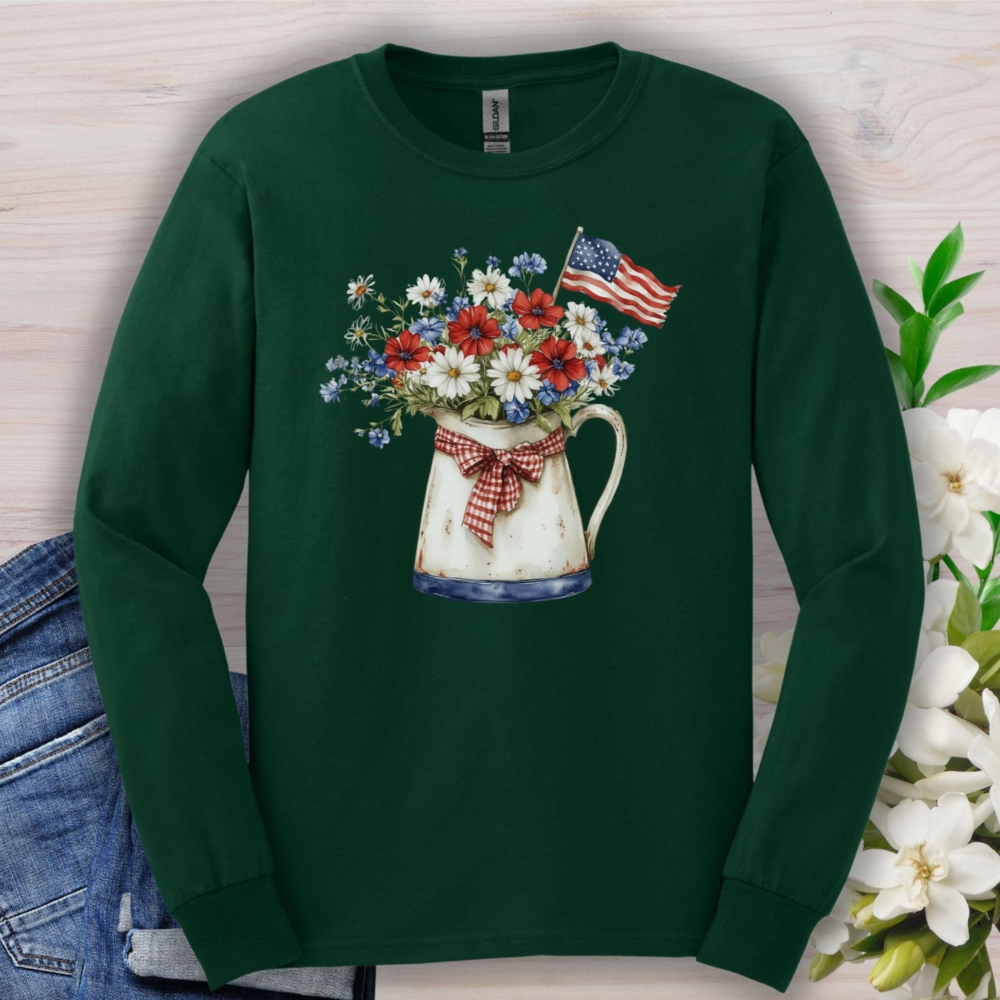 Patriotic Floral Pitcher with Flag Long Sleeve Tee