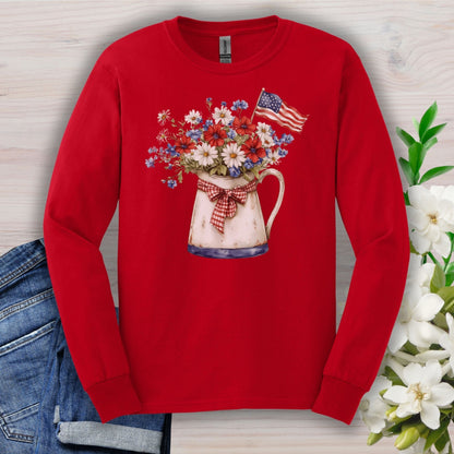 Patriotic Floral Pitcher with Flag Long Sleeve Tee