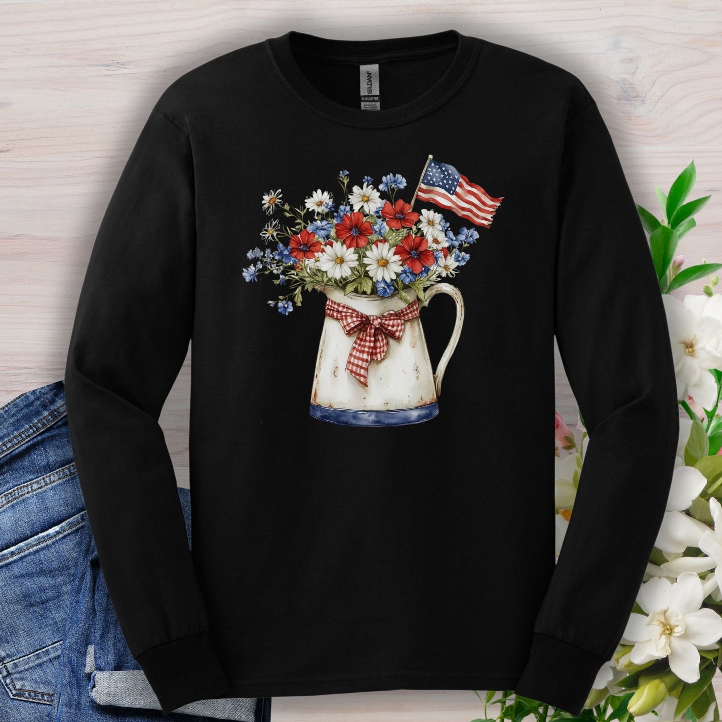 Patriotic Floral Pitcher with Flag Long Sleeve Tee
