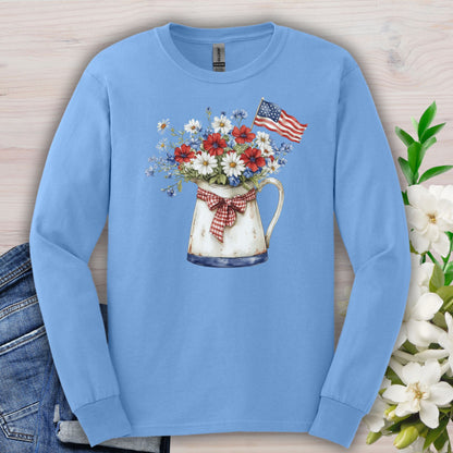 Patriotic Floral Pitcher with Flag Long Sleeve Tee