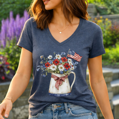 Patriotic Floral Pitcher with Flag V‑Neck Tee