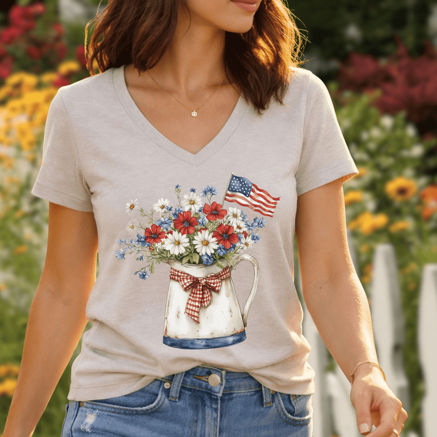 Patriotic Floral Pitcher with Flag V‑Neck Tee
