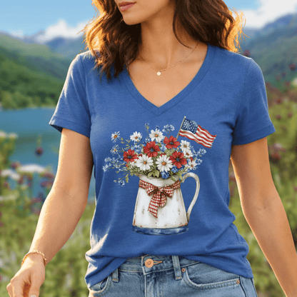 Patriotic Floral Pitcher with Flag V‑Neck Tee