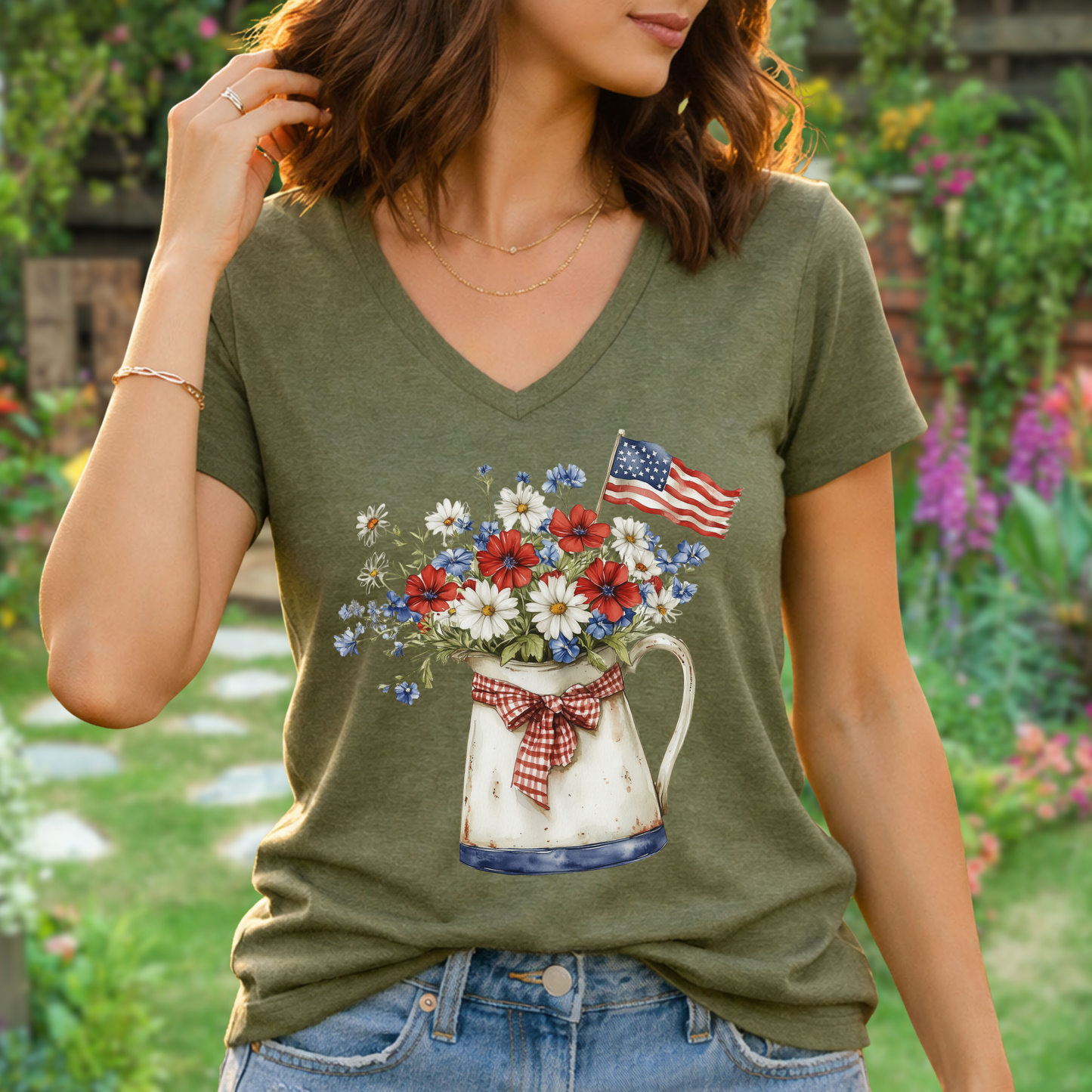 Patriotic Floral Pitcher with Flag V‑Neck Tee