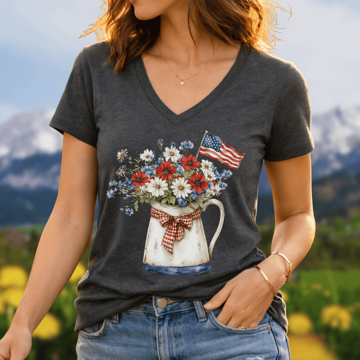 Patriotic Floral Pitcher with Flag V‑Neck Tee