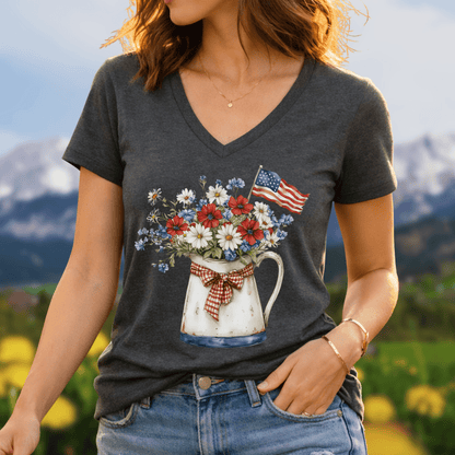 Patriotic Floral Pitcher with Flag V‑Neck Tee