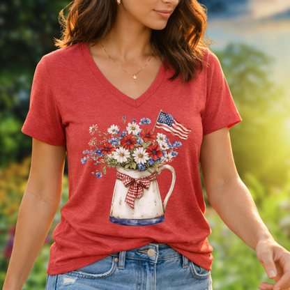 Patriotic Floral Pitcher with Flag V‑Neck Tee