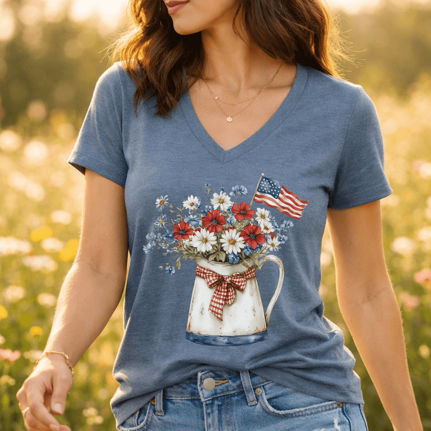 Patriotic Floral Pitcher with Flag V‑Neck Tee