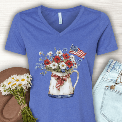 Patriotic Floral Pitcher with Flag V‑Neck Tee