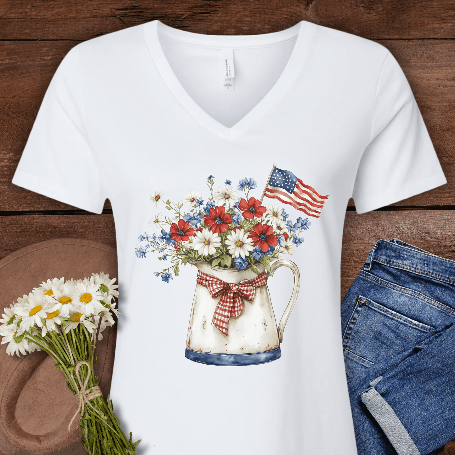 Patriotic Floral Pitcher with Flag V‑Neck Tee