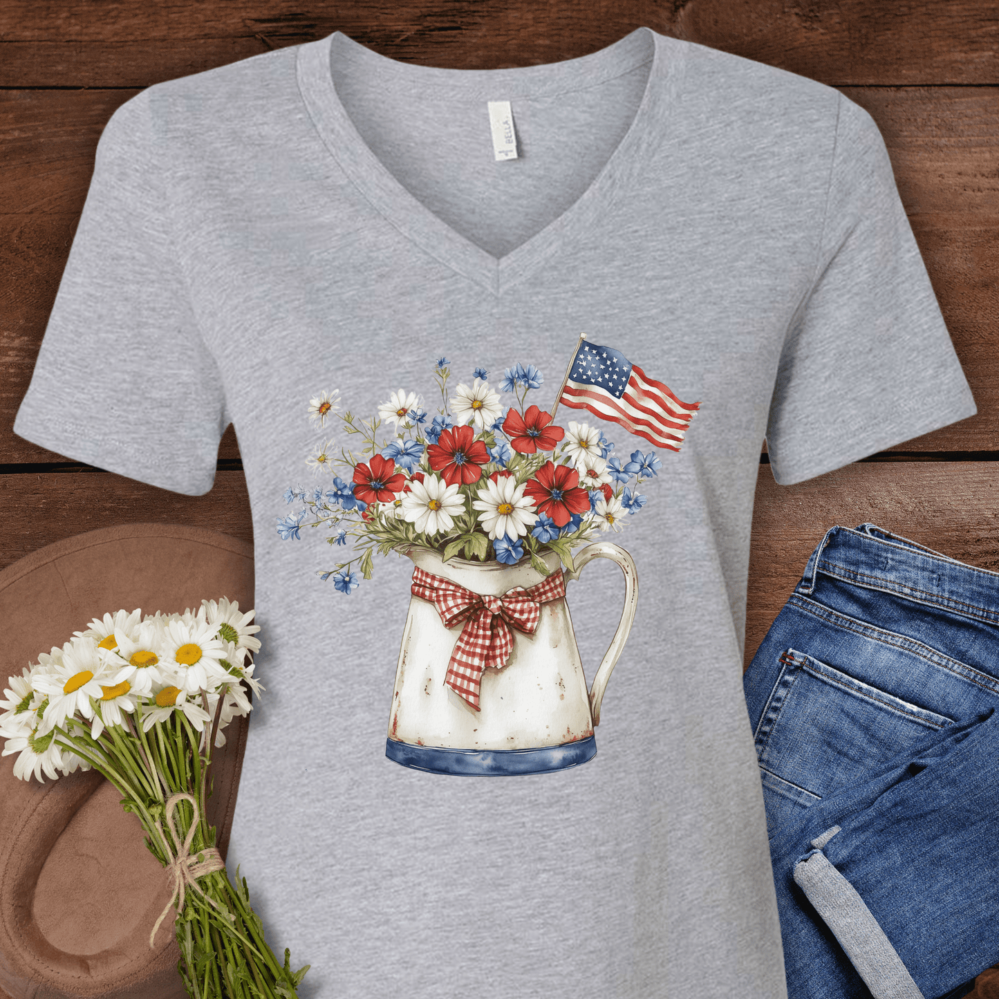 Patriotic Floral Pitcher with Flag V‑Neck Tee