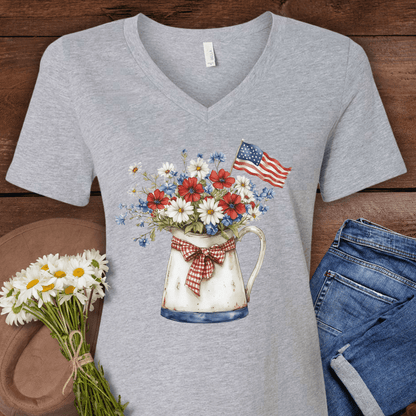 Patriotic Floral Pitcher with Flag V‑Neck Tee