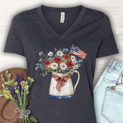 Patriotic Floral Pitcher with Flag V‑Neck Tee
