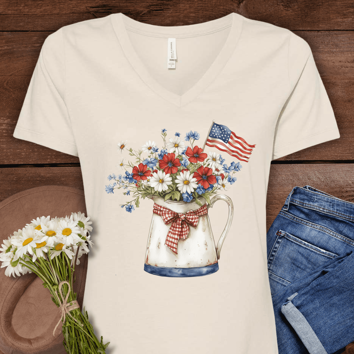 Patriotic Floral Pitcher with Flag V‑Neck Tee