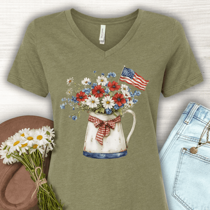 Patriotic Floral Pitcher with Flag V‑Neck Tee