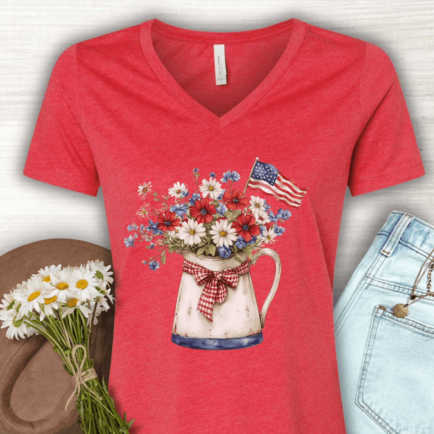 Patriotic Floral Pitcher with Flag V‑Neck Tee