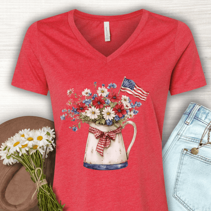 Patriotic Floral Pitcher with Flag V‑Neck Tee