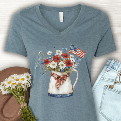 Patriotic Floral Pitcher with Flag V‑Neck Tee
