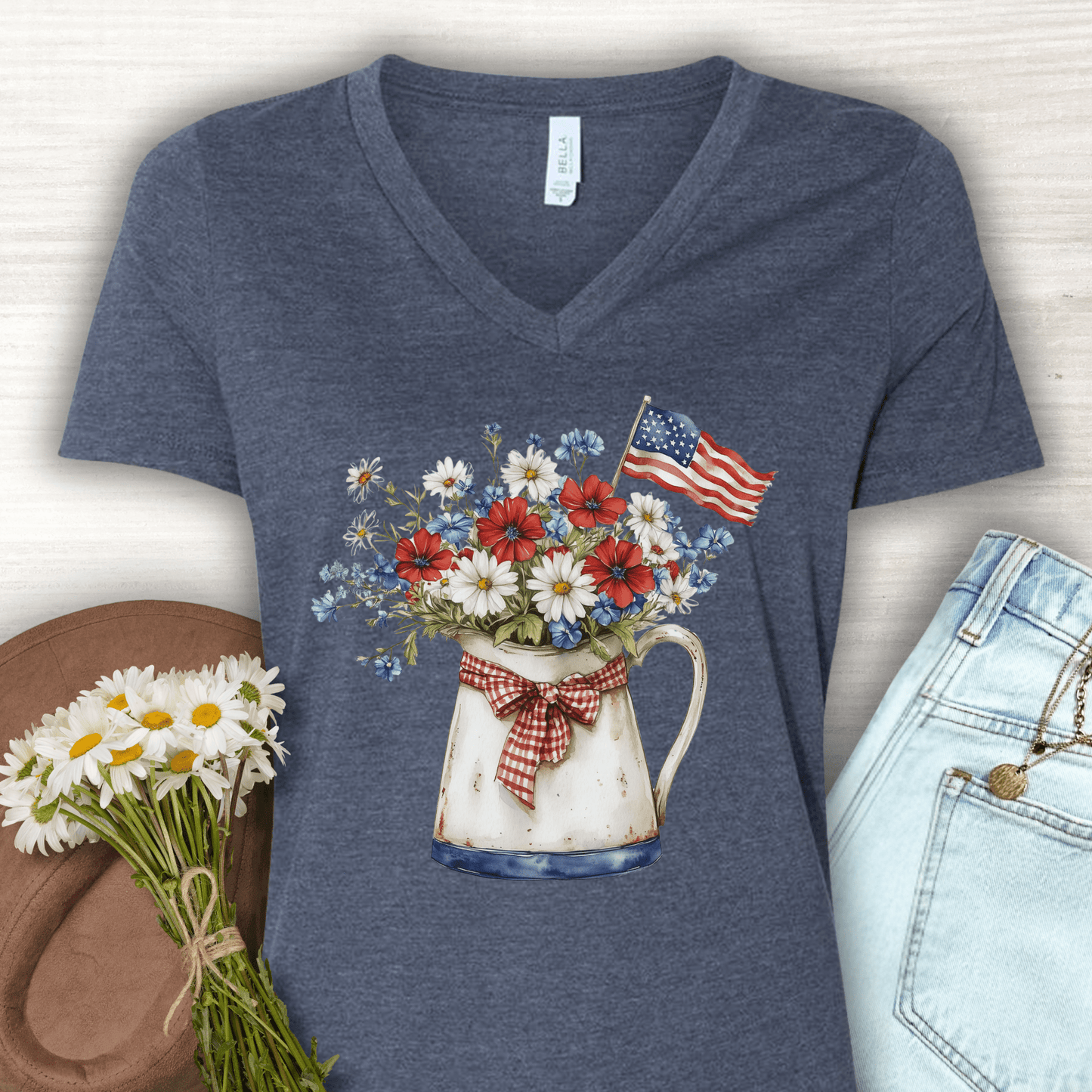 Patriotic Floral Pitcher with Flag V‑Neck Tee