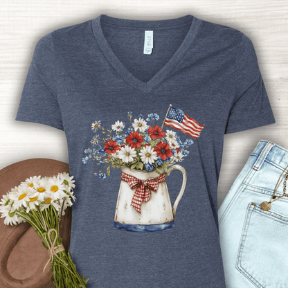 Patriotic Floral Pitcher with Flag V‑Neck Tee