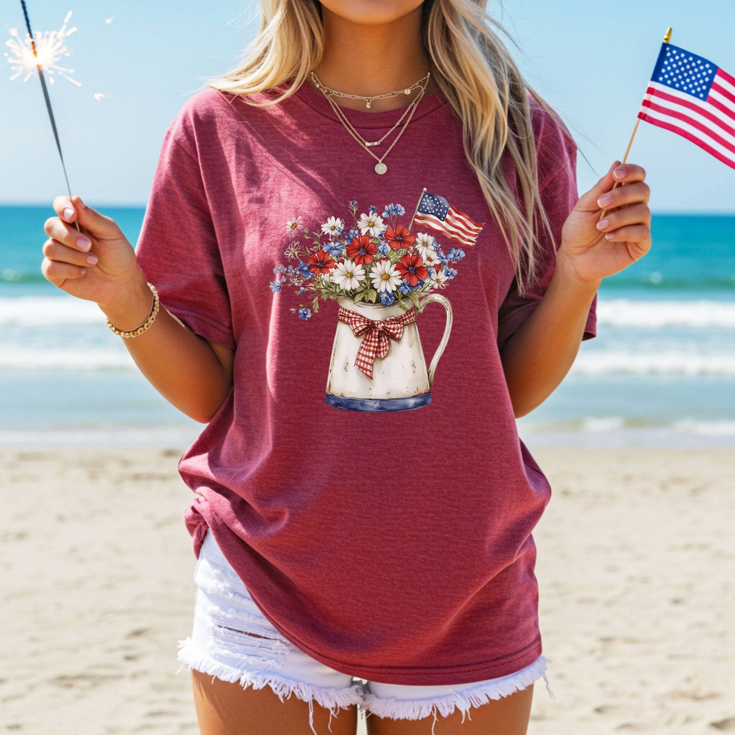 Patriotic Flower Pitcher with Flag T-Shirt